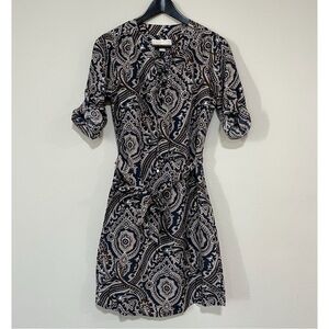 Michael Kors Navy and White Paisley Long Sleeve Dress